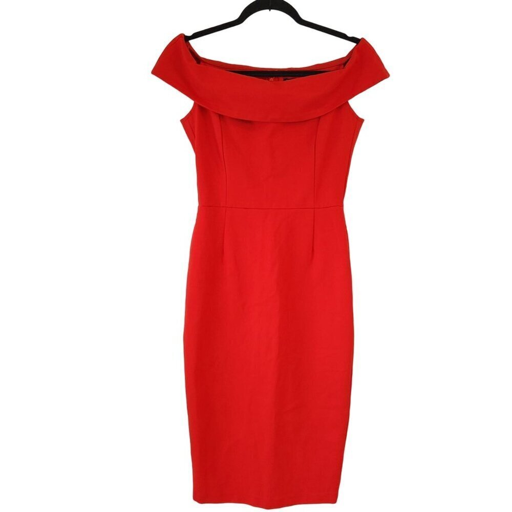 Zara Basic Off-Shoulder Red Midi Cocktail Dress Stretch Ponte Knit Christmas S - Picture 2 of 9